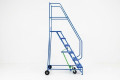 Side view of the blue mobile safety steps with 6 treads and a central brake. 