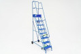 Narrow steel mobile warehouse ladder with 8 treads. Blue steel ladder with dual handrails and wheels. 