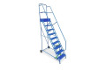 9 tread steel mobile ladder on wheels with dual handrails and working platform