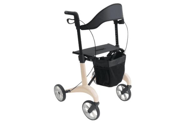 Cream four wheeled rollator with bag and backrest 
