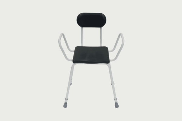 Height adjustable black perching stool with armrests and backrest 
