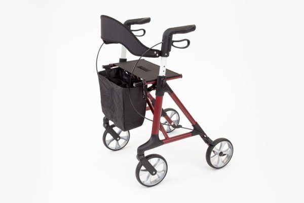 4-wheeled red rollator walker with seat, bag and backrest 