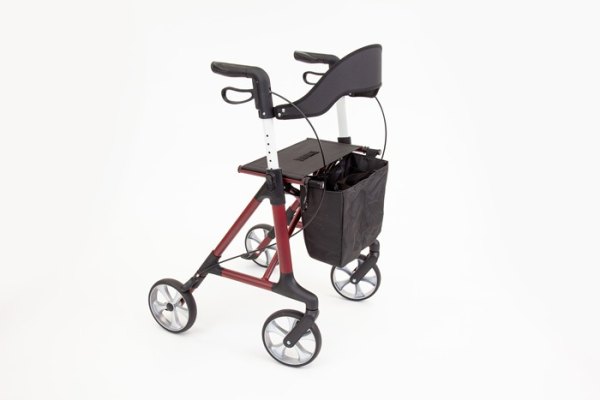 Red rollator walker with seat, bag and backrest 