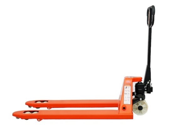 Orange pallet truck with nylon wheels size view 