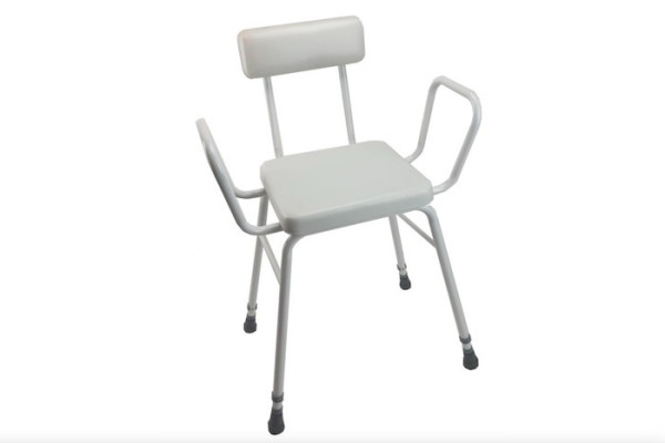 White perching stool with backrest armrests and padded seat