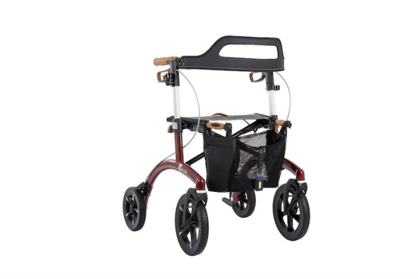 Red heavy duty bariatric rollator with seat, bag and backrest