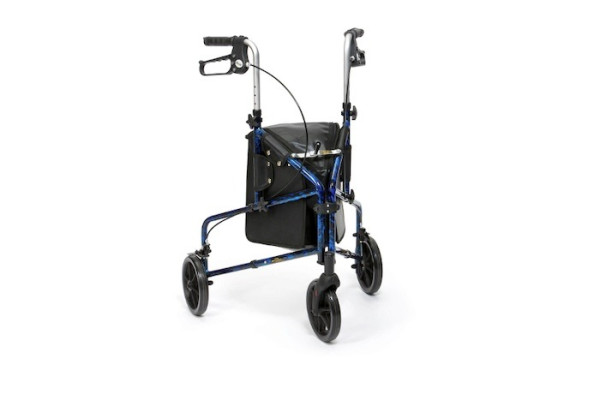 Blue rollator with bag