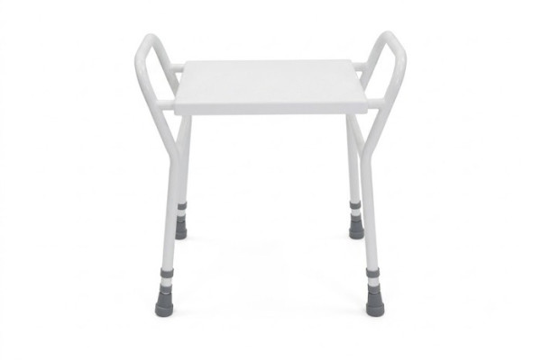 White plastic height adjustable shower stool