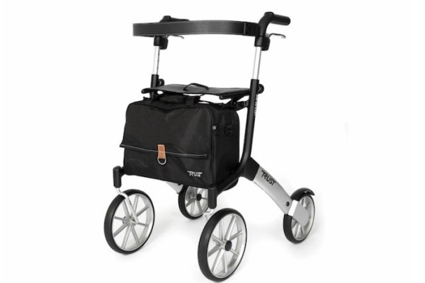 4-wheeled black outdoor rollator with seat, bag and backrest