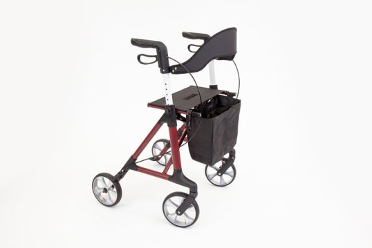 Red rollator walker with seat, bag and backrest 