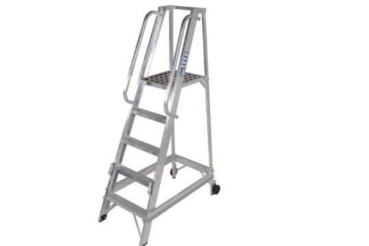 Aluminium Trade Ladder with handrails and platform on wheels 