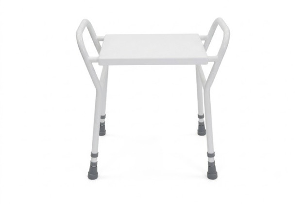 White plastic height adjustable shower stool