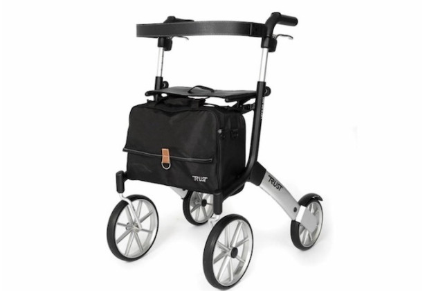 4-wheeled black outdoor rollator with seat, bag and backrest 