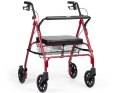 4 wheeled red rollator with basket and seat 