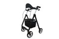 4-Wheeled black rollator with bag and seat