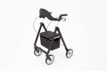 Black rollator walker with seat and backrest