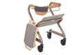 Indoor rollator with tray seat and bag, tray removed