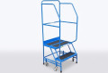 Mobile safety steps with 2 treads. The blue ladder includes dual handrails and 4 wheels. 