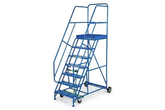 Heavy duty blue steel mobile ladder with wheels, platform and dual handrails