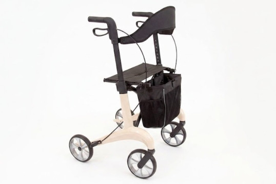 Beige carbon rollator walker with seat, bag and backrest
