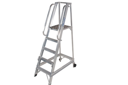 Aluminium Trade Ladder with handrails and platform on wheels