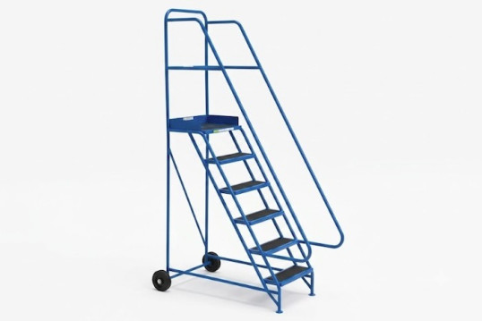 Industrial ladder on wheels with dual handrails