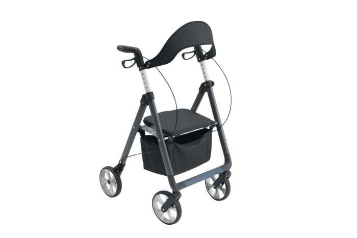 Blue lightweight 4-wheeled rollator with bag, seat and backrest 