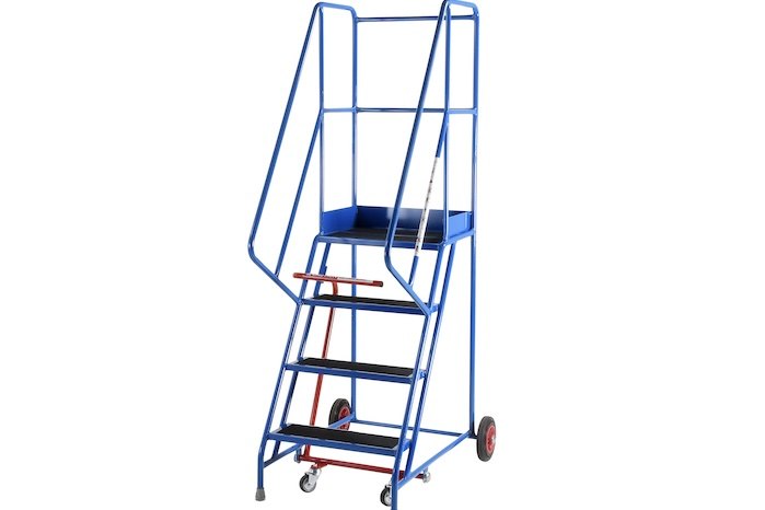 Warehouse ladder with dual handrails and platform 