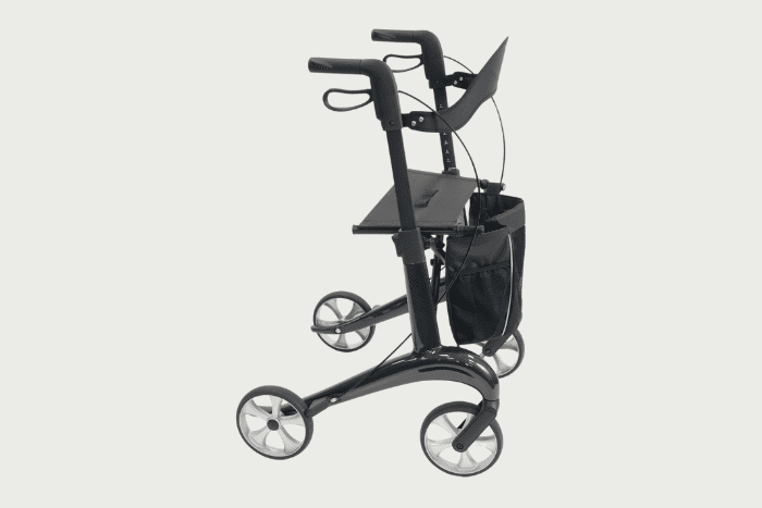 Black carbon rollator with seat and bag