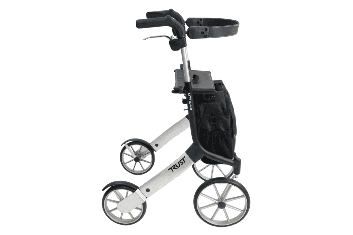 All terrain 4-wheel rollator walker with seat, bag and backrest
