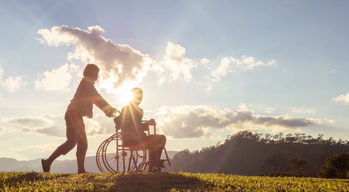 Individual pushing a wheelchair with a scenic background 
