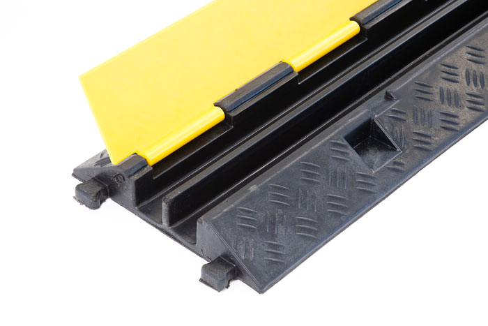 Cable protector with yellow hinged lid 