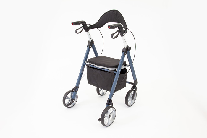 Side view of the blue rollator with seat Side view of the blue rollator with seat