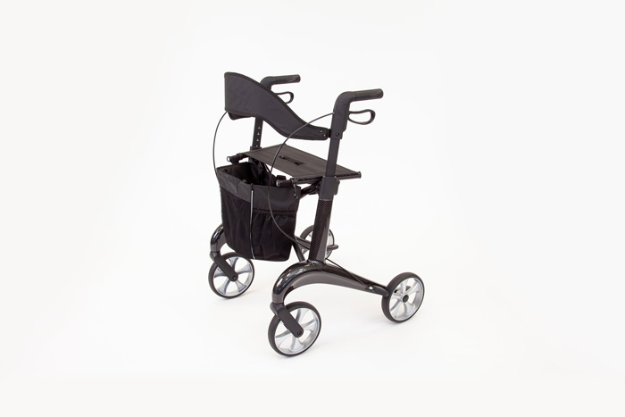 Black carbon rollator with seat and bag