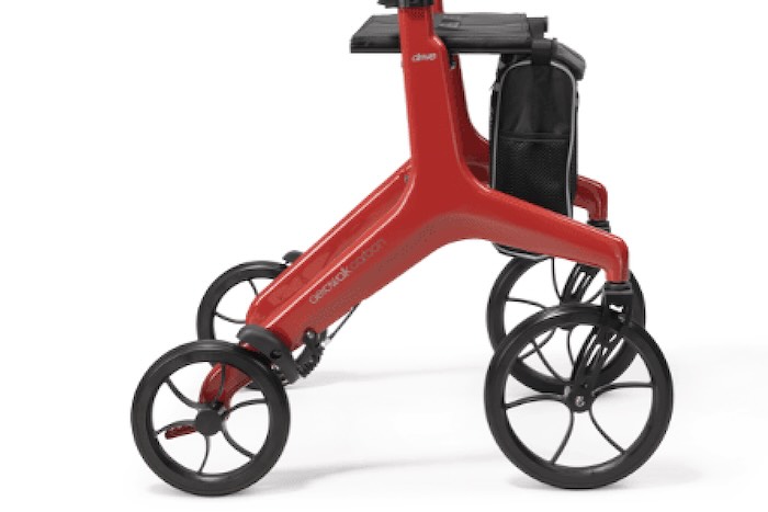 All-terrain wheels on the red AeroWalk Carbon Rollator