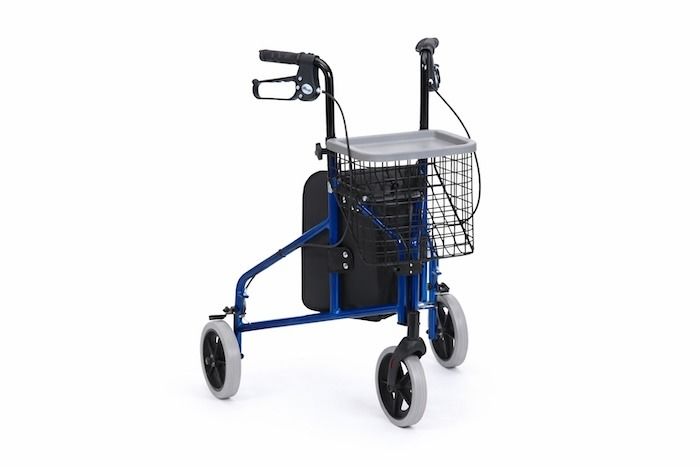 Blue tri-walker with basket, bag and tray 