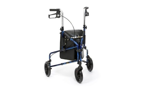Blue 3-wheel rollator with bag 