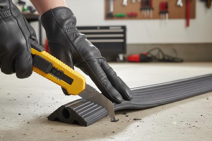Cable protector being cut with a knife 