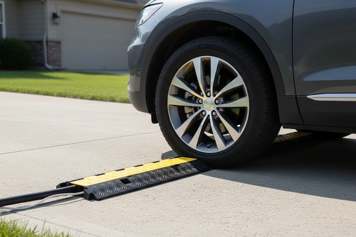 Car driving over 2 channel cable protector Car driving over 2 channel cable protector