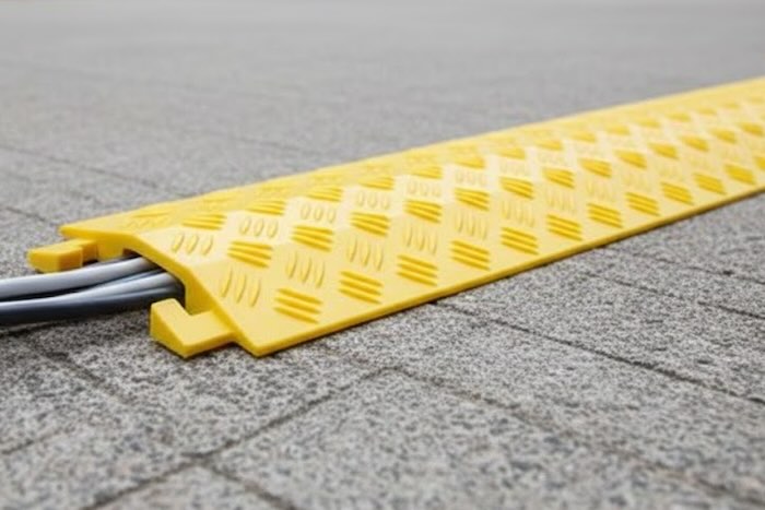 Yellow cable cover on pavement