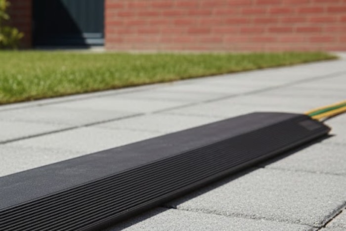 Black cable cover on pavement