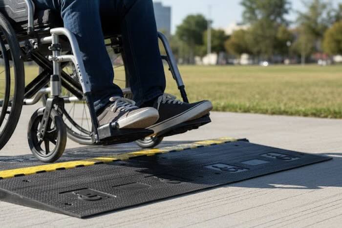 Wheelchair going over dda cable protector 