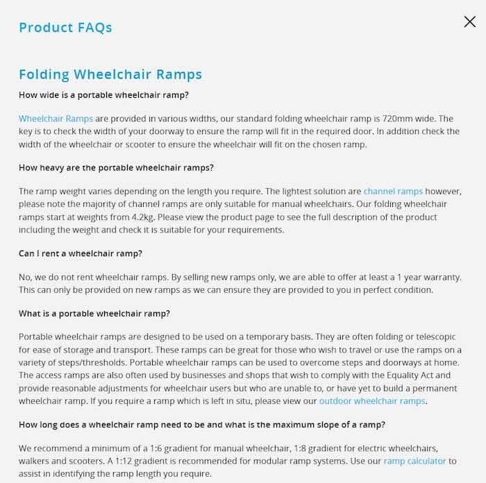 Screenshot of FAQ on The Ramp People website 
