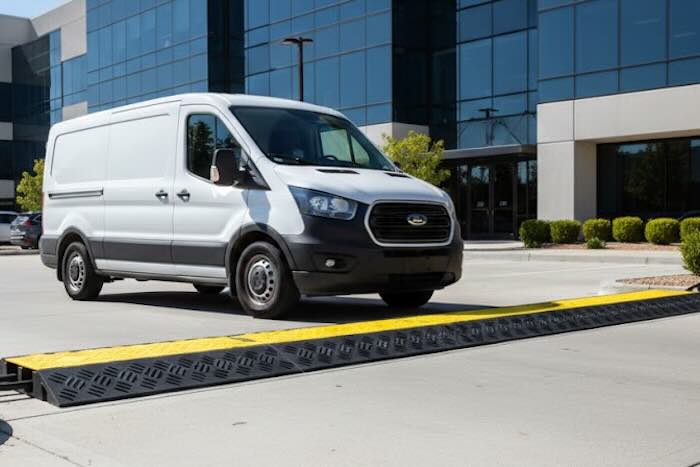 Van driving over heavy duty cable protector in car park Van driving over heavy duty cable protector in car park