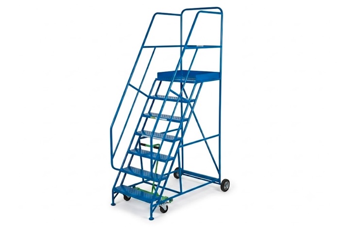 Heavy duty steel ladder with platform and dual handrails