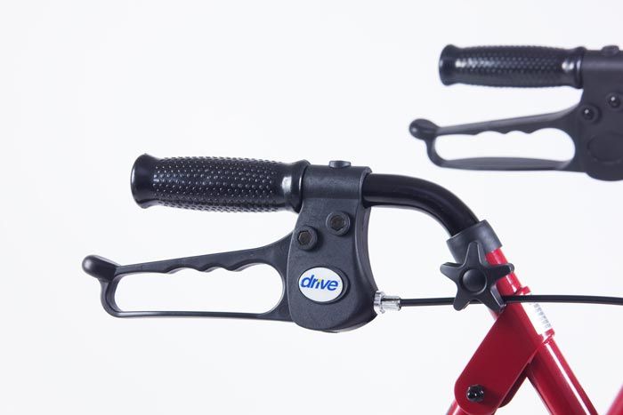 Rollator brake handles on a Drive red rollator 