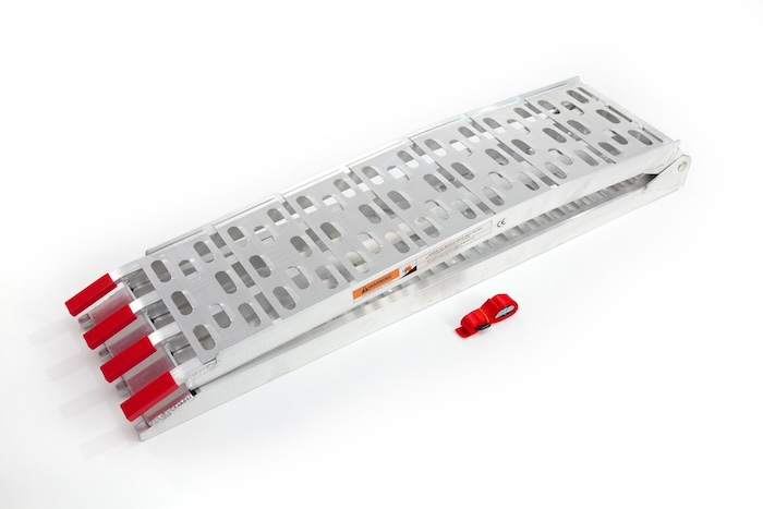 Lightweight folding loading ramp with safety strap Lightweight folding loading ramp with safety strap