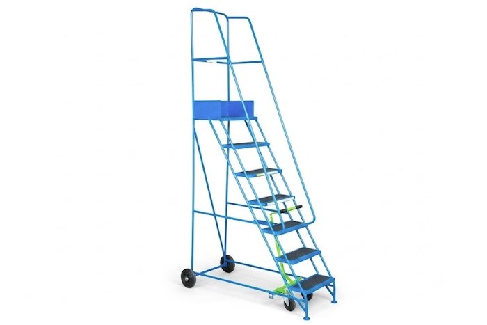 Narrow Warehouse ladder with 7 treads on wheels. 
