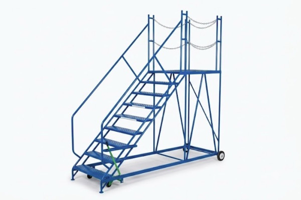 Blue steel truck dock platform steps with steel chain
