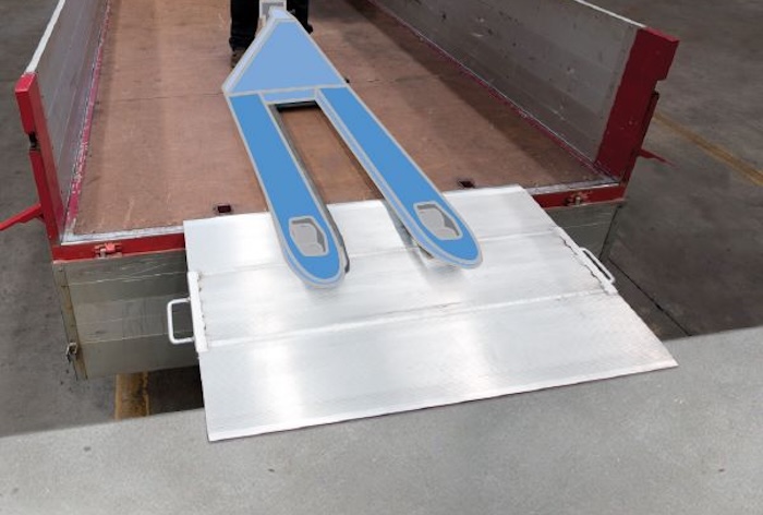 Aluminium loading bridge Aluminium loading bridge connecting two vehicles with pallet truck going over
